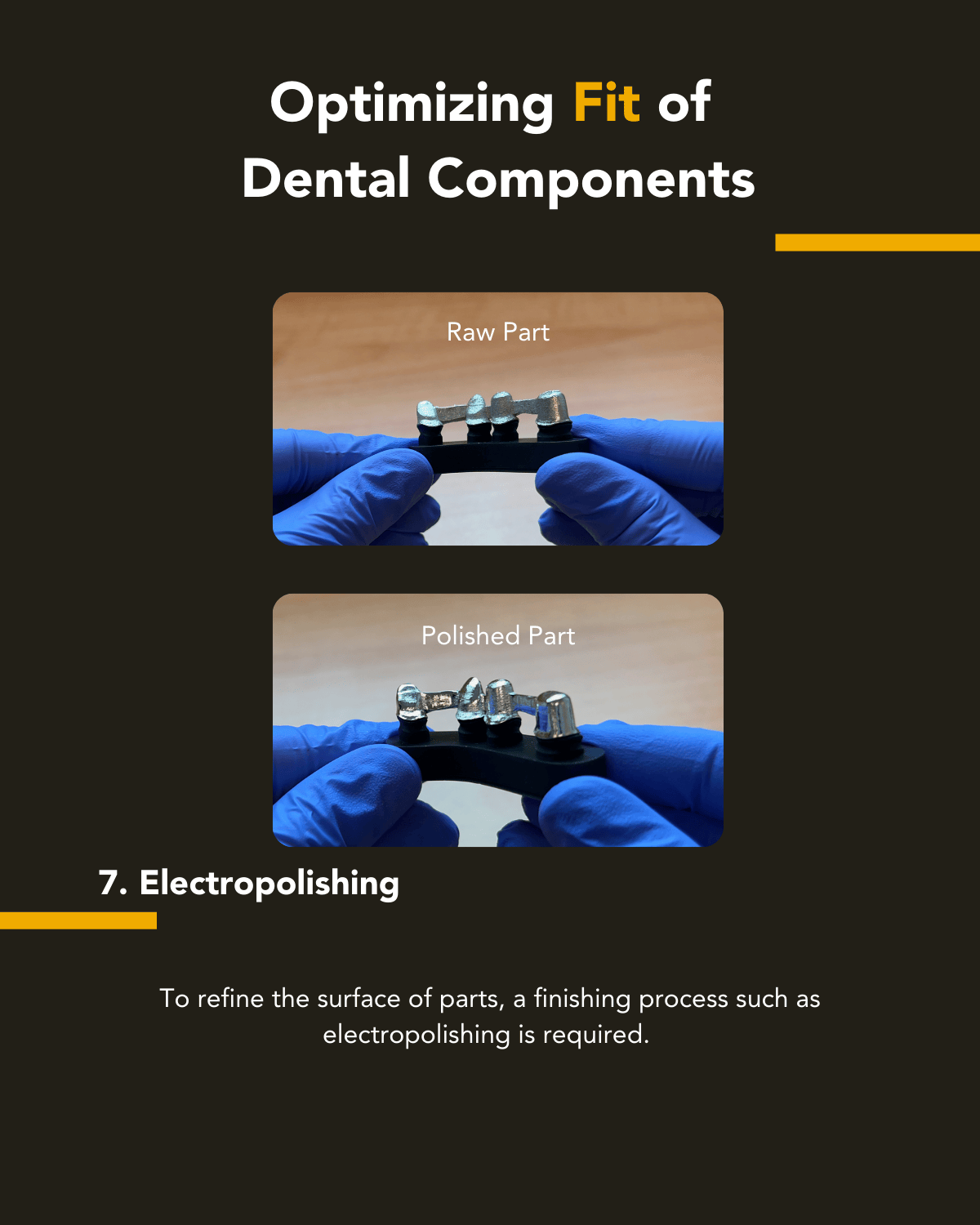 Step Seven in Optimizing dental components for fit: Electropolishing to refine the surface of parts, a finishing process such as electropolishing is required.